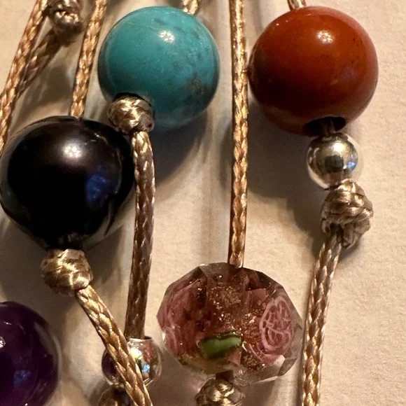 ARTISAN Gemstones and Pearls Braided Tan Cord Tassel Necklace 23 1/2” long - Picture 4 of 14